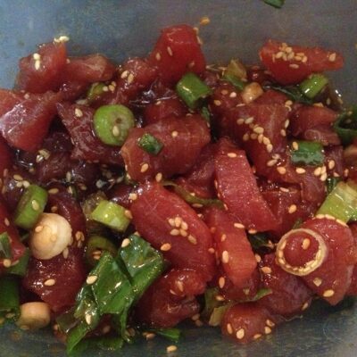 Close up of poke with sesame seeds.